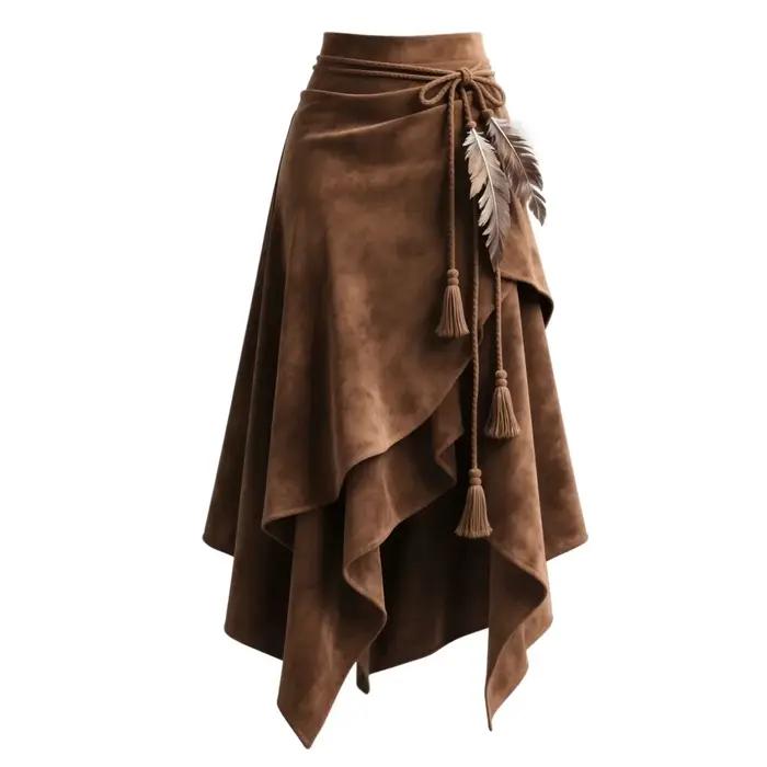 Jupe longue asymétrique en daim marron pour femme, style bohème, avec liens en corde, pompons et plu