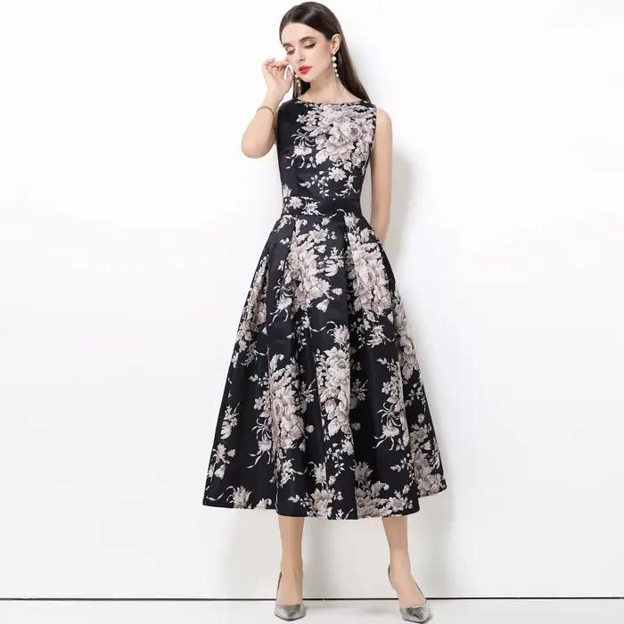 Robe longue élégante à fleurs pour femmes, Vintage, sans manches, en Satin, imprimé floral, robe de 