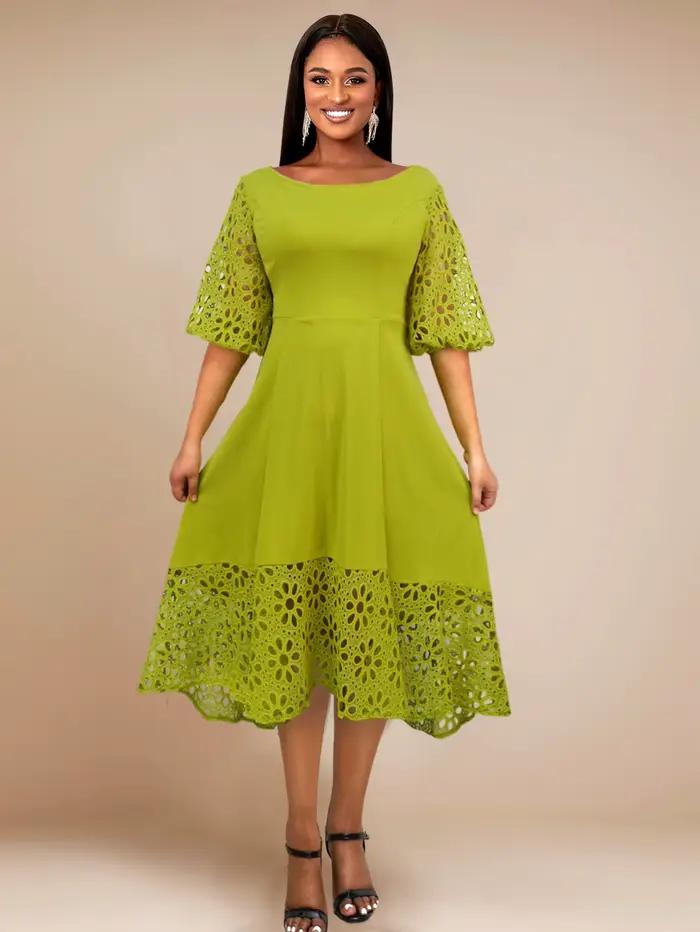 Robe verte élégante pour femmes, col rond, Patchwork de dentelle, ajouré, manches courtes bouffantes