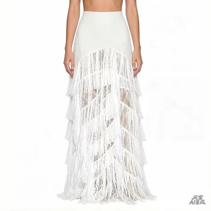 Jupe longue sirène blanche en dentelle transparente, taille haute, multi-couches, à volants irréguli