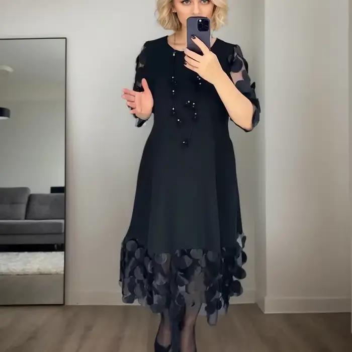 Robe évasée tendance pour les déplacements, couleur unie, col rond, Perspective, points, maille, Pat
