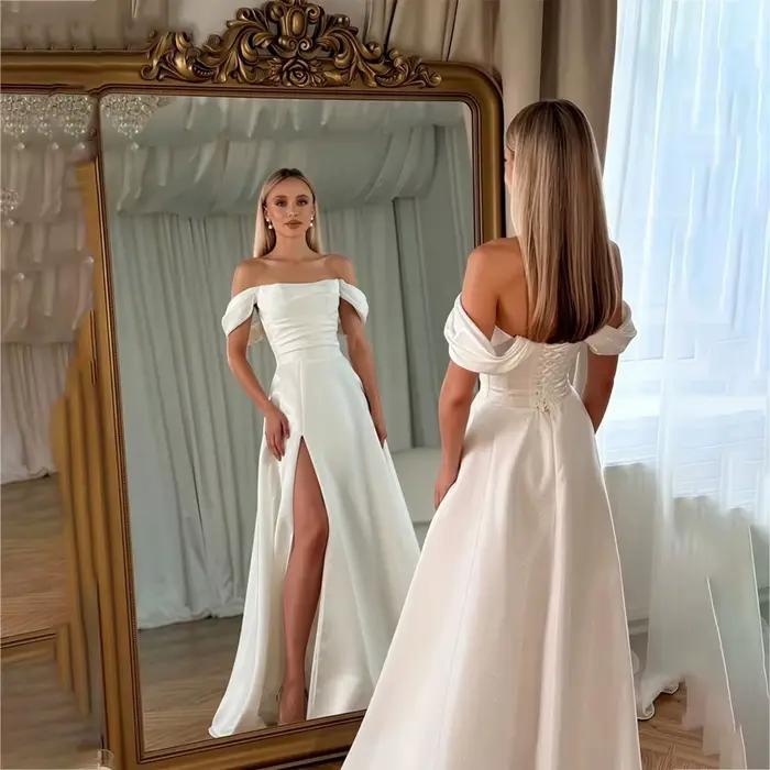 Robes de mariée simples en satin pour femmes, robes de mariée longues à épaules dénudées avec fente,