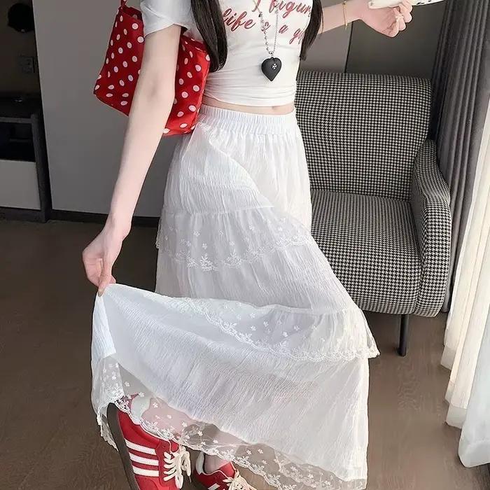 Jupes longues en tulle pour femmes, taille haute élastique, avec patchwork de dentelle, jupe à volan