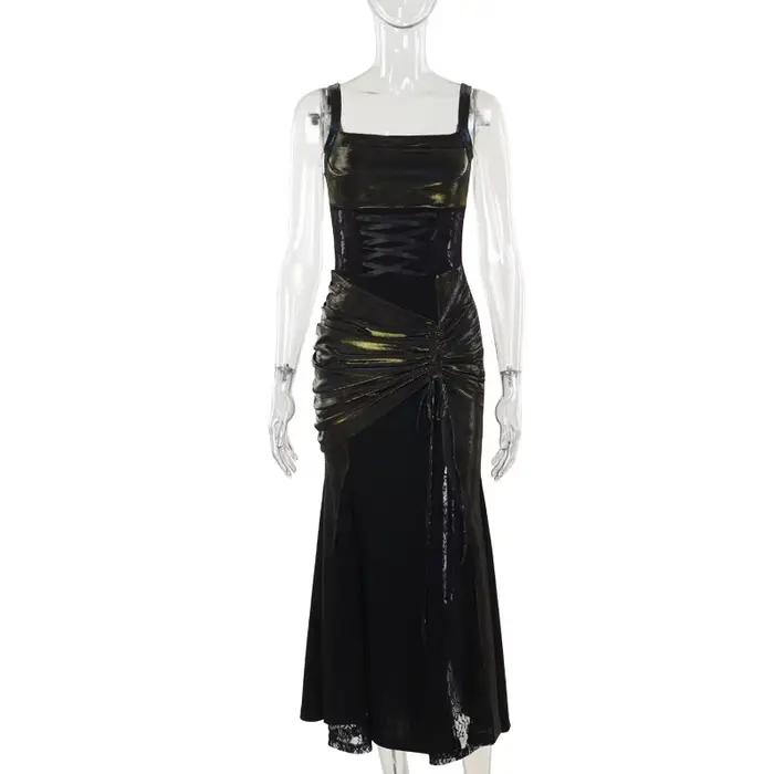 Robe longue gothique noire pour femmes, Style Harajuku, moulante, Maxi, avec dentelle, ourlet transp