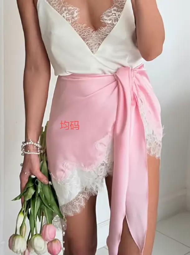 Robe Courte Unie à Manches Longues en Satin avec Dentelle, Col Rond, Coupe Droite Oversize, Mode Pri