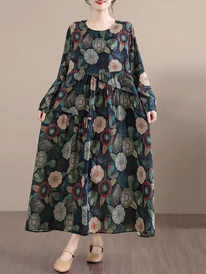 Coton à manches longues imprimé robes Vintage femmes 2025 printemps automne décontracté robe longue 