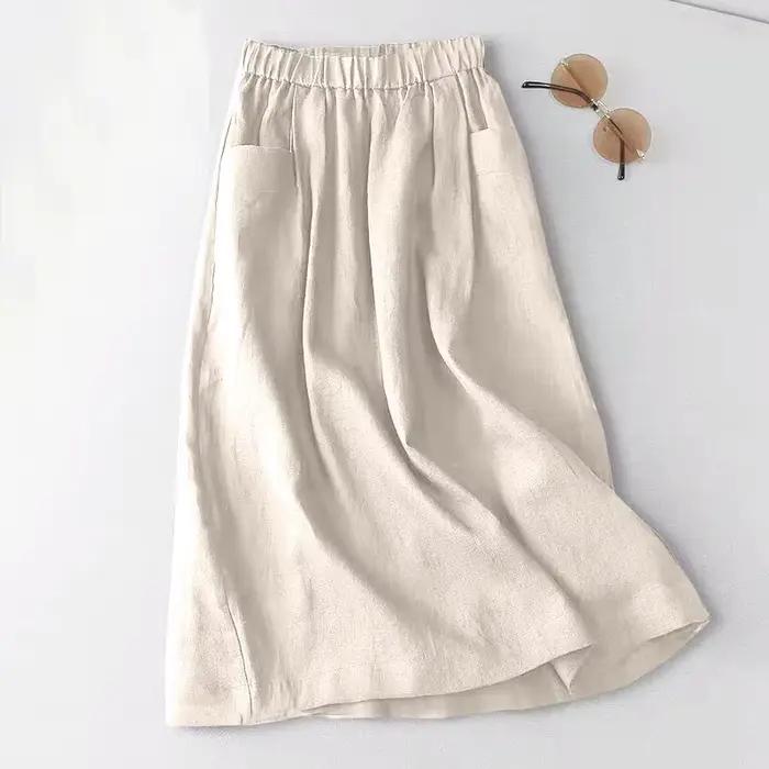 ZANZEA femmes une ligne coton Jupe taille élastique Jupe Midi solide 2024 été coréen poches latérale