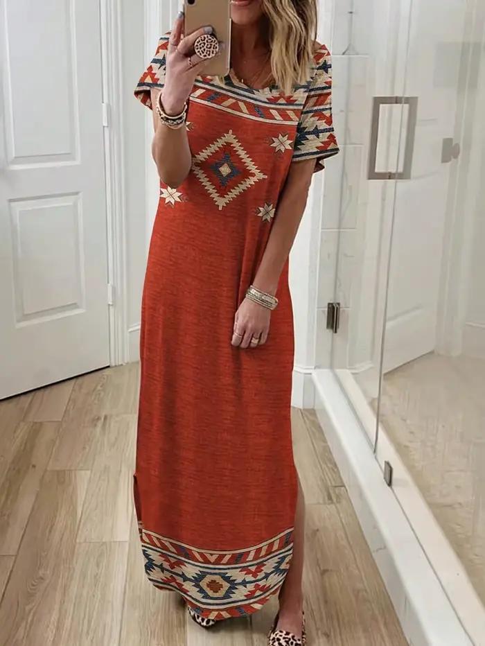 Robe longue tricotée à manches courtes pour femmes, imprimé géométrique, style ethnique décontracté,