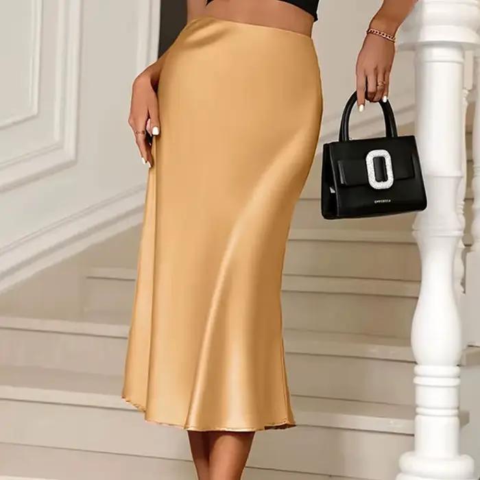 Femmes mode Satin solide plissé jupe Midi Vintage taille mi-élastique femme Chic dame jupes coréen j