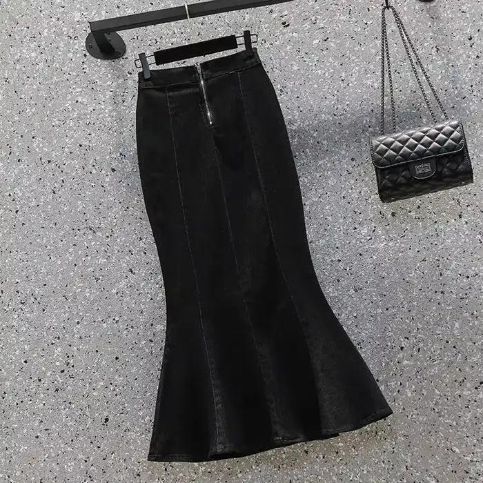 Jupe en jean à volants et fermeture éclair pour femme, Coquette Midi, noir, Sexy, bleu, luxe, élégan