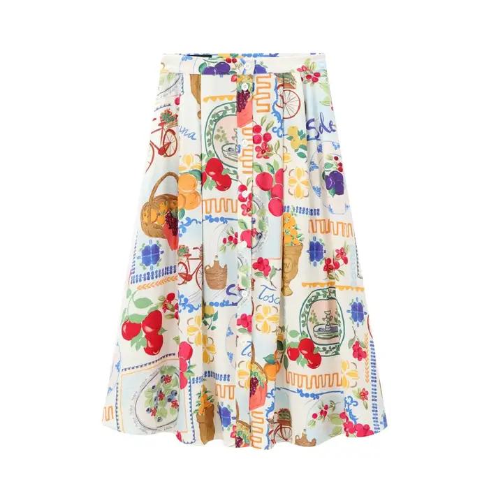 Jupe plissée midi en mélange de polyester, motif imprimé tendance, pour les vacances, collection été