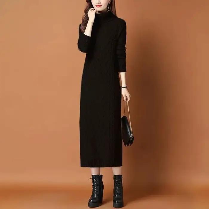 Mn-Robe longue vintage à col roulé et manches longues pour femme, vêtement basique, couleur unie, co