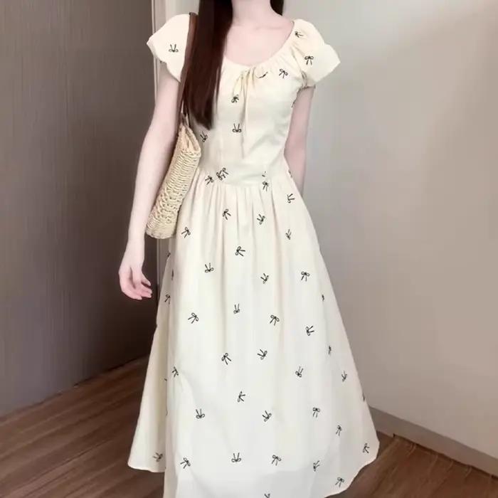 Robe longue imprimée nœud français pour femme, été 2026, manches bouffantes, coupe trapèze, maxi, él