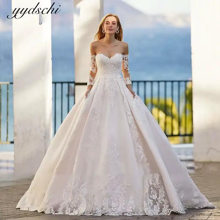 Robe de mariée élégante en satin blanc 2026, col cœur, manches longues, appliques, laçage, pour femm