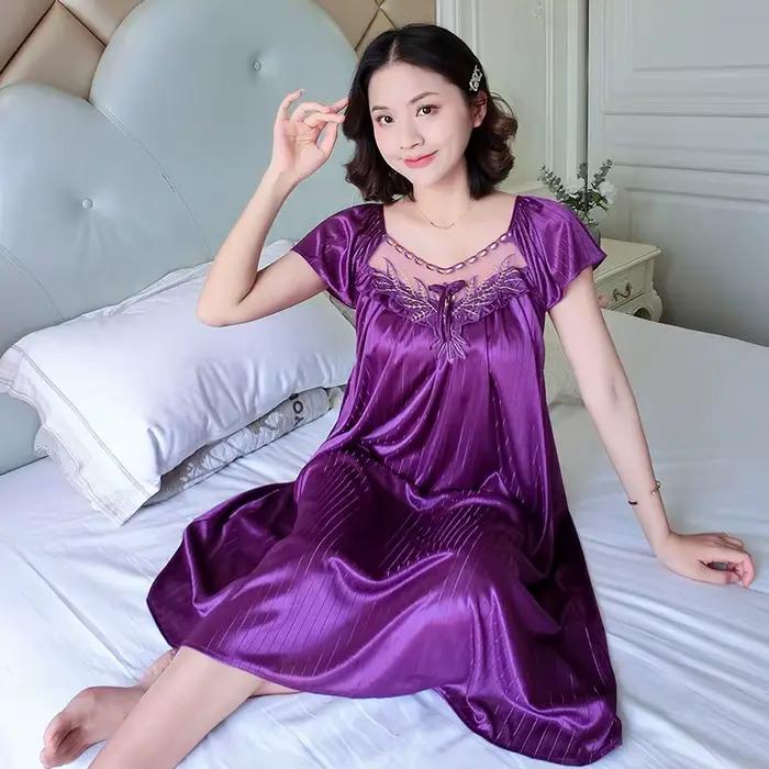 Dames glace soie chemises de nuit robe de nuit longueur moyenne à manches courtes chemise de nuit vê