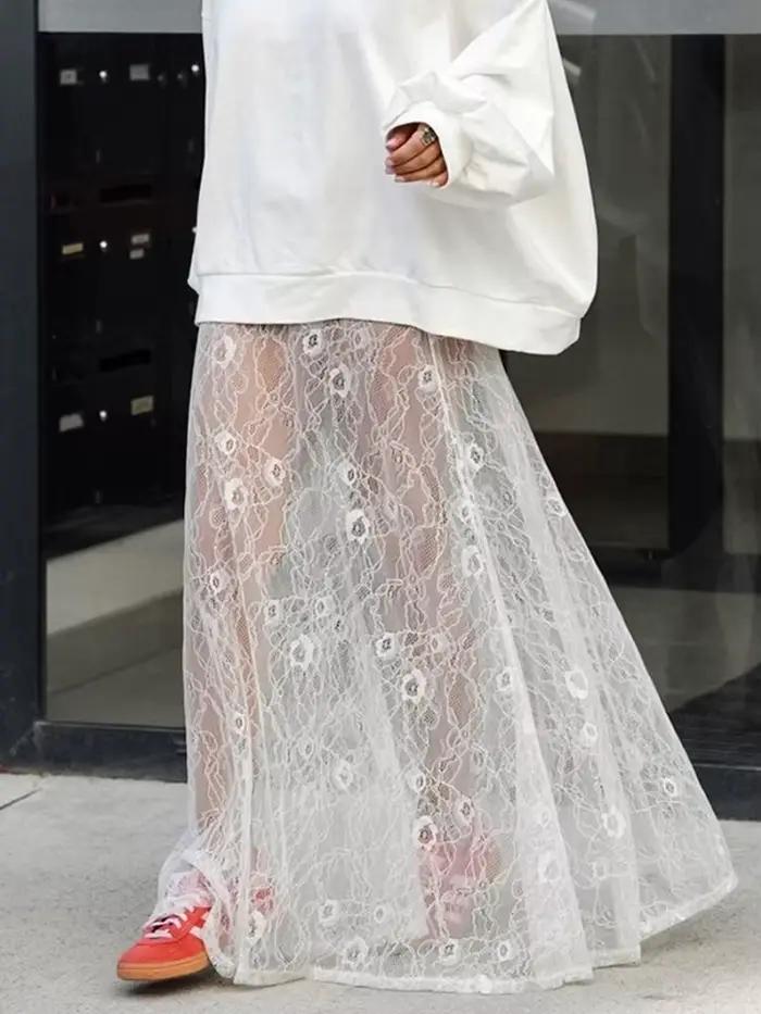 BKLD Jupes en dentelle transparentes sexy mi-longues, mode automne 2026, jupe trapèze ajourée, vêtem