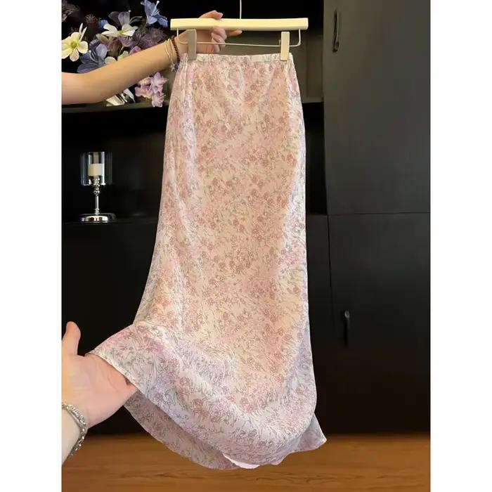 Jupe mi-longue rose à imprimé floral pour femme, taille haute, coupe trompette queue de poisson, sty