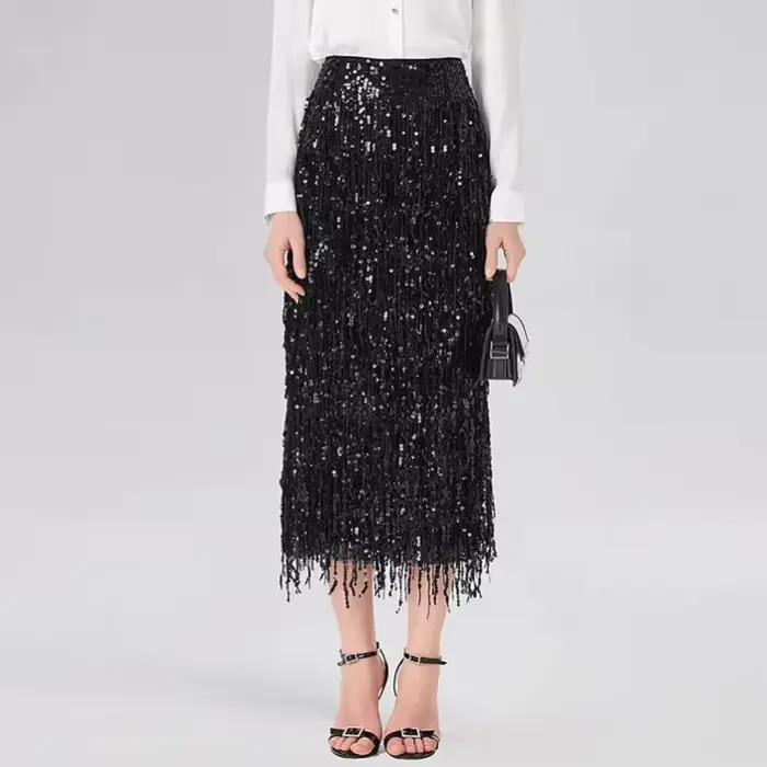 Jupe longue à sequins et pompons, couleur unie, style européen et américain, jupe fendue, jupe moula