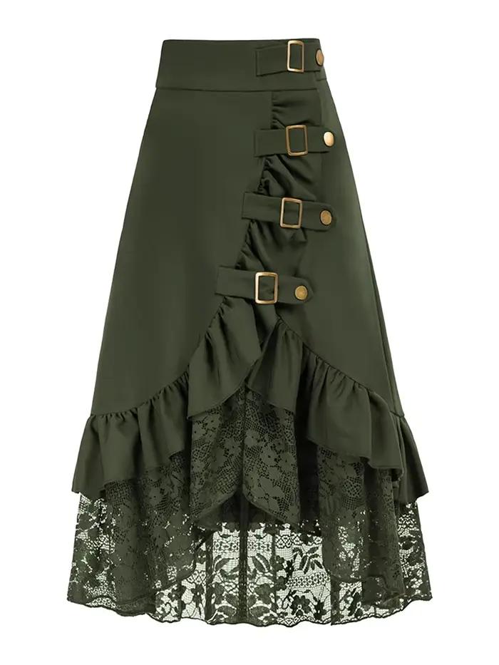 Jupe de style gothique tendance avec empiècements en dentelle et volants, couleur unie, style pirate