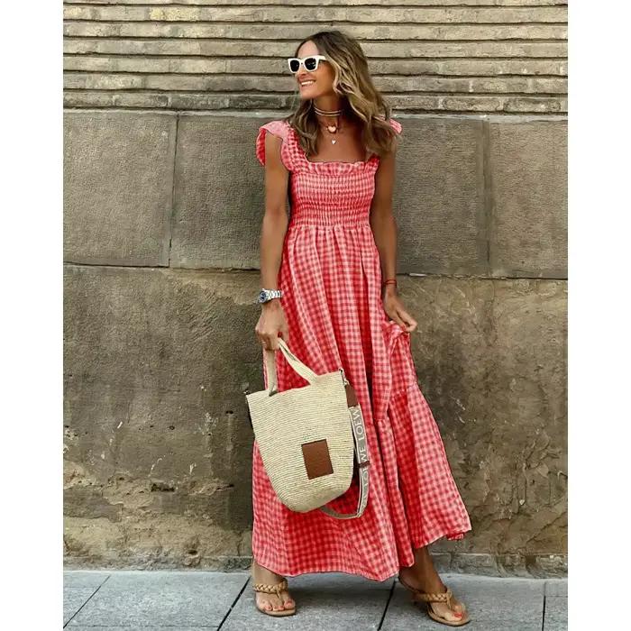 Robe longue d'été pour femmes, imprimé à carreaux, sans manches, taille élastique, ligne A, Maxi, dé