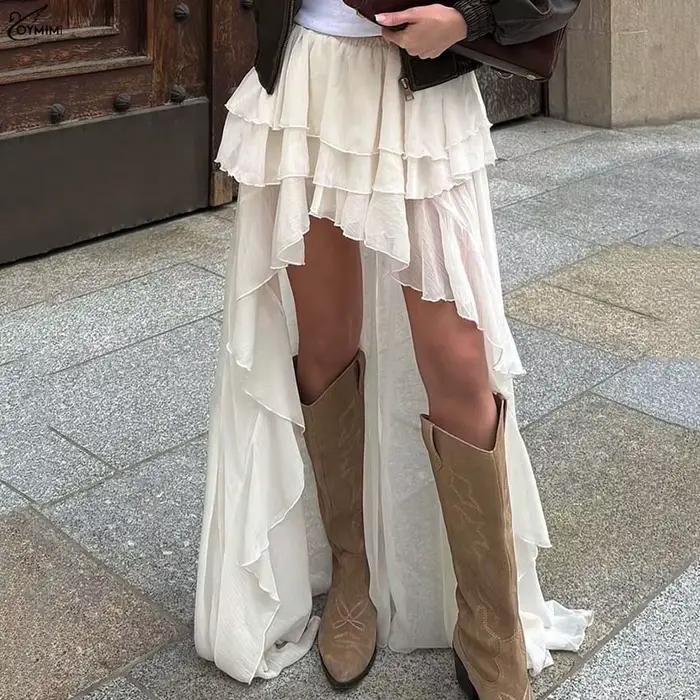 Oymimi décontracté abricot jupes amples pour les femmes mode taille haute jupes plissées élégant min