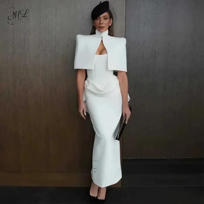 Robe de soirée vintage ML pour invitées de mariage avec cape, élégante robe de soirée blanche, robes
