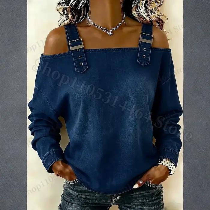 Haut en jean pour femme, élégant haut à épaules dénudées à manches longues avec bretelles, chemise e