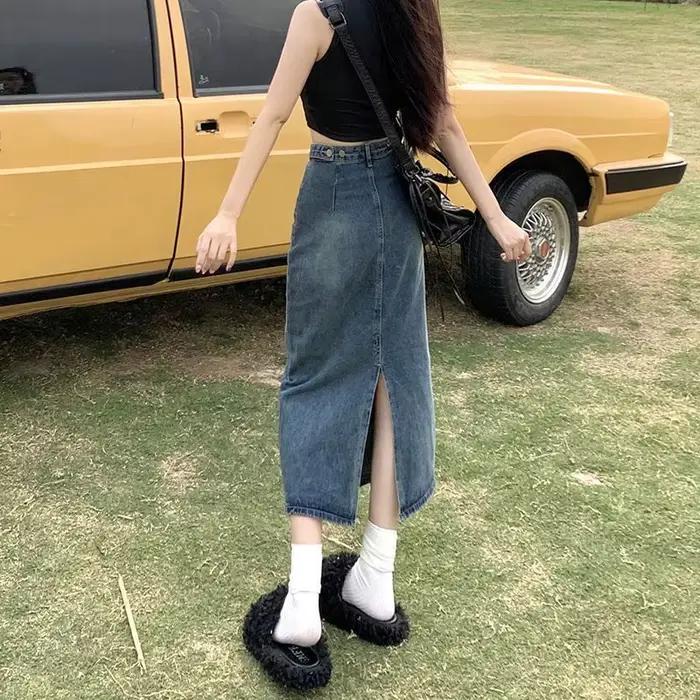 Jupe longue en jean fendue pour femme, nouvelle collection été 2026, taille haute, design enveloppan