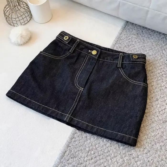 Jupe en jean rétro bleu foncé pour femme, design taille haute, coupe ajustée, style trapèze, pour l'
