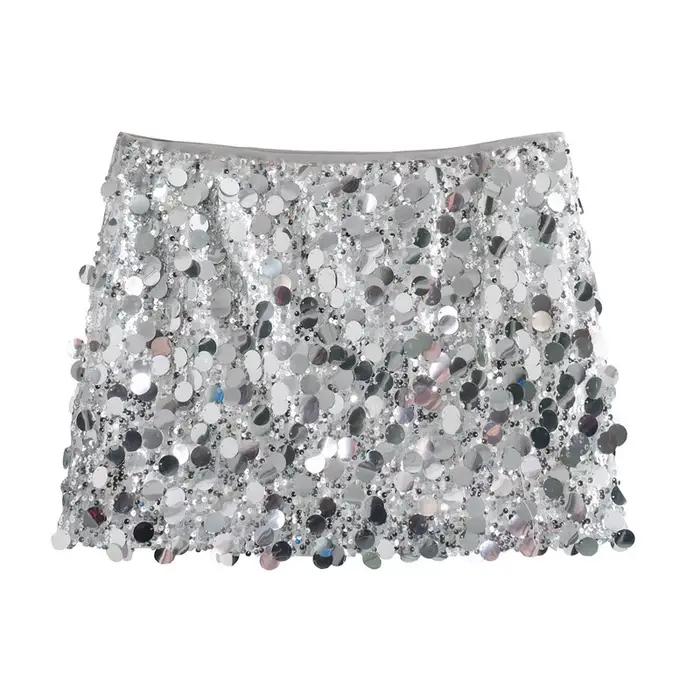 Paillettes argent brillant jupes courtes pour les femmes fête Sexy noir brillant taille haute jupe c