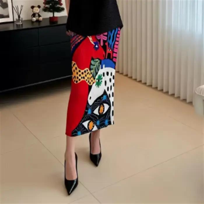 Jupe plissée pour femme style Miyake, imprimé abstrait, motif géométrique animalier graffiti