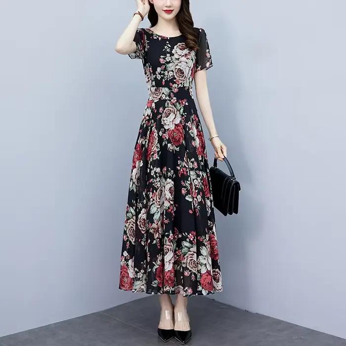 Vintage noir Chic bal Midi robes 2025 été nouvelle mode en mousseline de soie robe florale femmes él
