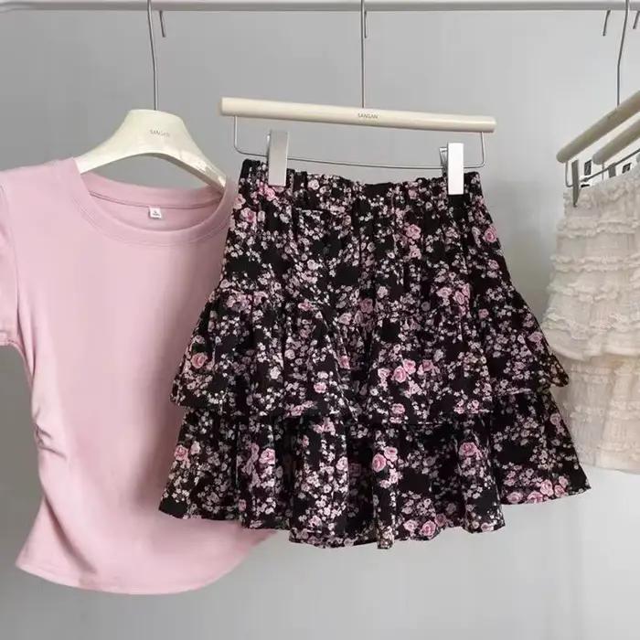 Jupe florale à taille élastique pour femmes en été, nouvelle jupe trapèze ample aux hanches