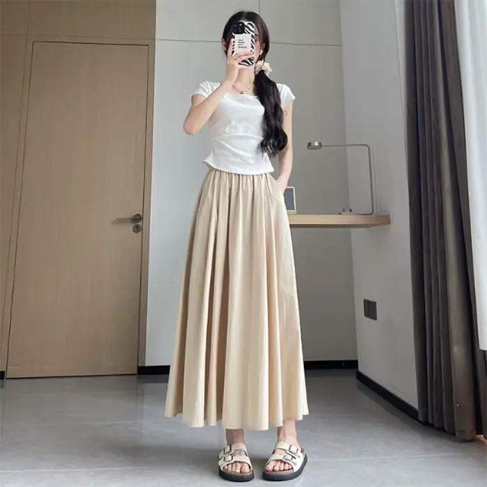 Jupe longue pour femme été 2026 décontractée taille haute élastique coupe trapèze couleur unie polyv