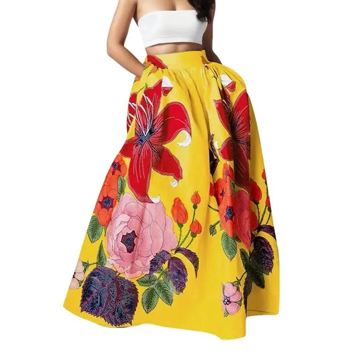 Jupe Maxi bohème imprimé fleuri pour femmes taille haute poche plage fête longue jupe Maxi une ligne