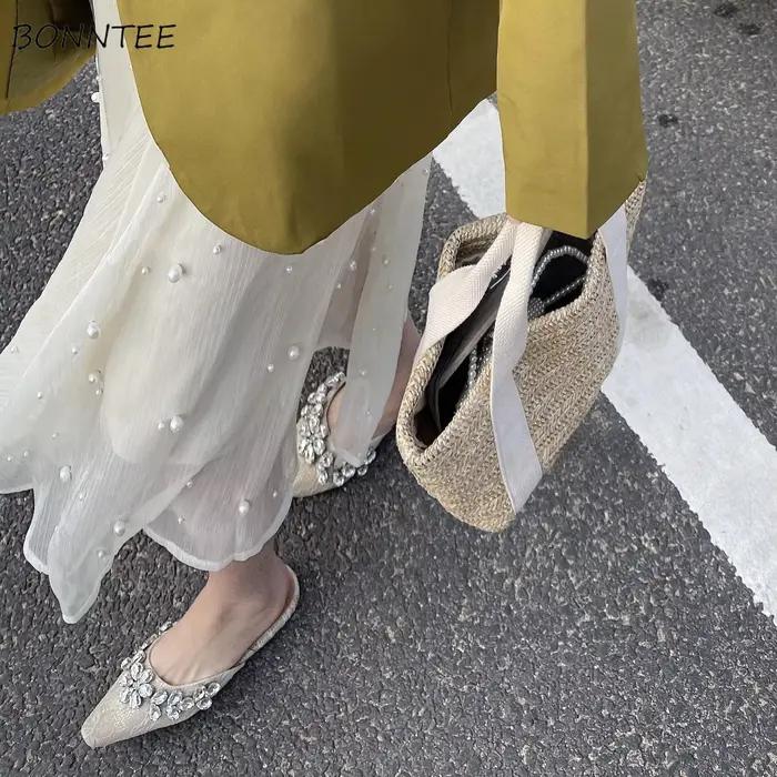Jupes féeriques mi-longues en maille blanche pour femmes, ligne a, perles, Style français, élégantes