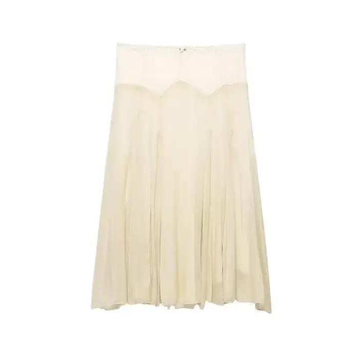 Jupe plissée en dentelle patchwork pour femme, taille mi-haute, double couche en maille, jupes bouff
