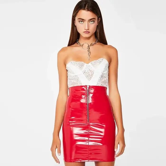 Jupe en similicuir verni pour femmes, robe courte moulante décontractée à taille haute avec fermetur