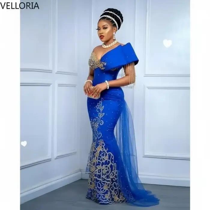 Robe De mariée africaine bleu Royal George, luxueuse dentelle, tenue De mariée Igbo, robe De soirée,