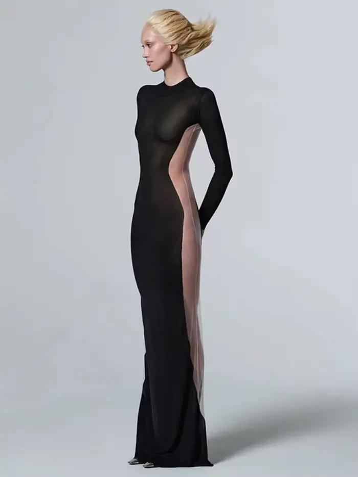 Robe transparente noire pour femme, pull long tambour, vêtements slim, streetwear sexy, patchwork en
