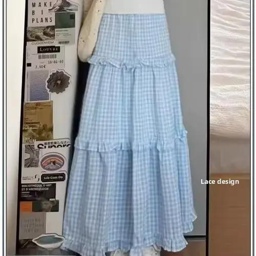 Jupe à carreaux bleue douce pour femmes, ligne a, taille haute, amincissante, mi-longue, nouveau Sty