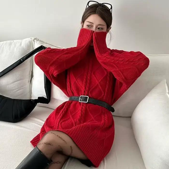 Jupe de noël rouge à col roulé pour femme, ample, Style paresseux, longue torsion, portant un pull é