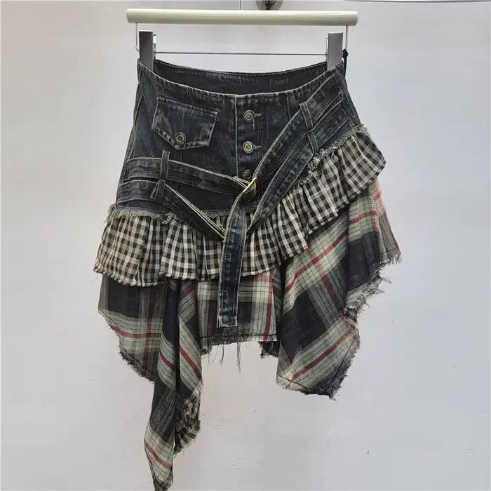 Mini jupe superposée en Denim vieilli, Plaid, Patchwork, boutons, Design, Streetwear, nouvelle colle