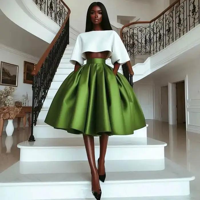 Jupe longue en Satin vert pour femmes, longueur aux genoux, plissée, taille haute, jupe de soirée, A