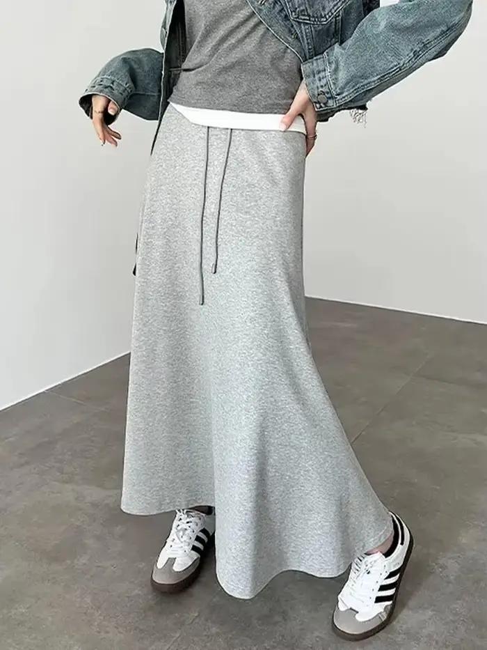 Décontracté coréen gris jupes longues femmes taille haute Style Preppy jupe mignonne printemps Vinta