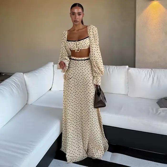 Ensemble Femme Nouveauté : Haut Court à Pois et Jupe Longue, Manches Longues Bouffantes, Hauts Slim 