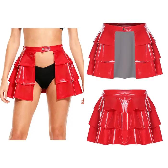 Jupe en cuir PU pour femmes, ouverte sur le devant, taille à un bouton, ourlet à volants, mini-jupe 