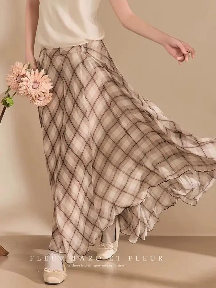 Vintage Plaid jupe longue femmes Boho élégant taille haute une ligne jupes décontracté ample rétro i