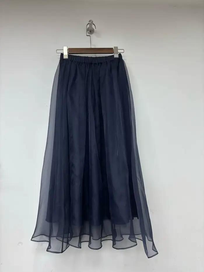 Jupe mi-longue en maille de soie bleu marine pour femme, taille haute élastique, nouvelle mode estiv