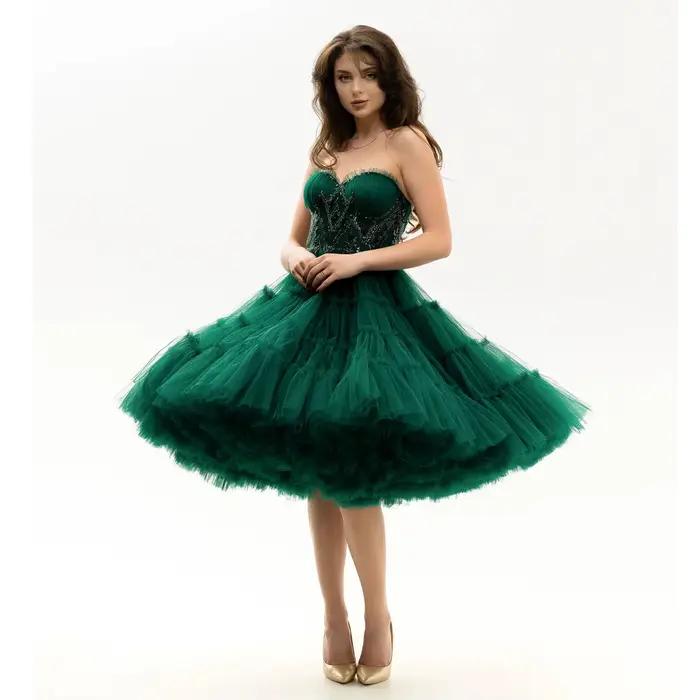 Jupe mi-longue gonflée en tulle vert foncé pour femme, jupon avec décoration de ligne lumineuse, lon